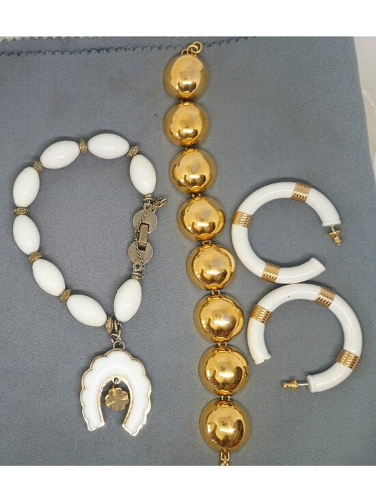 Monet Jewelry - Vtg Monet Lot Bracelet Earring ~Gently loved Gold Half Sphere, White Lucky Charm
